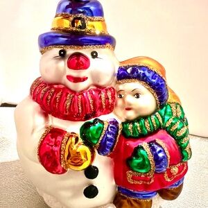 NEW Festive Snowman and Child hand made Holiday Figurine ornament.
